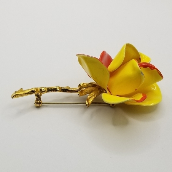 Vintage Enamel Flower Gold Tone Stem Brooch Pin Orange Yellow Large High Gloss - Picture 4 of 12
